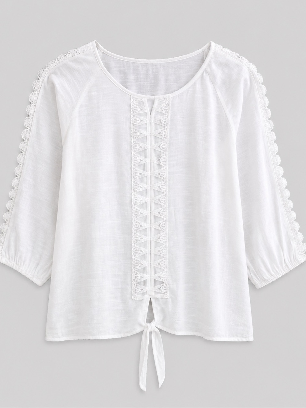Fyve White Lace Trim Boho Blouse XL | Crochet Tie-Front Peasant Top | 3/4 Sleeve
